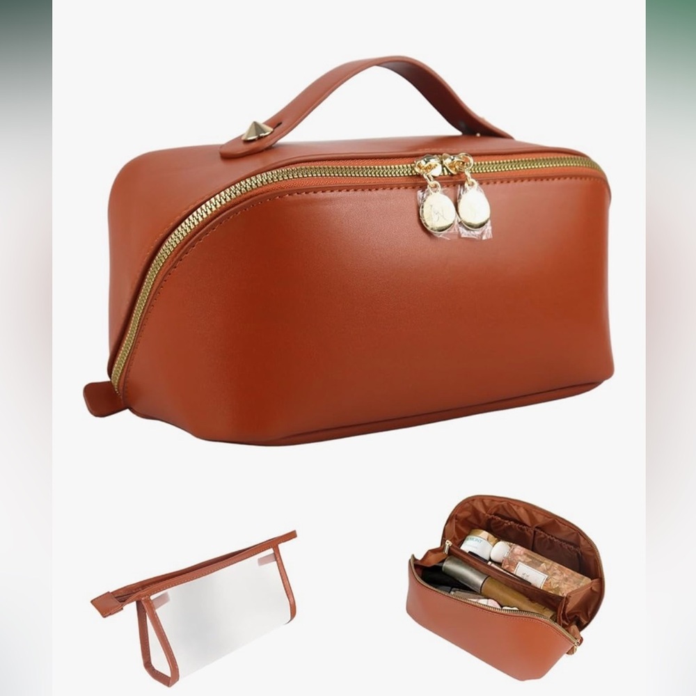 Large Capacity Travel Makeup Bag Organizer Transparent Pouch PU Leather NWT